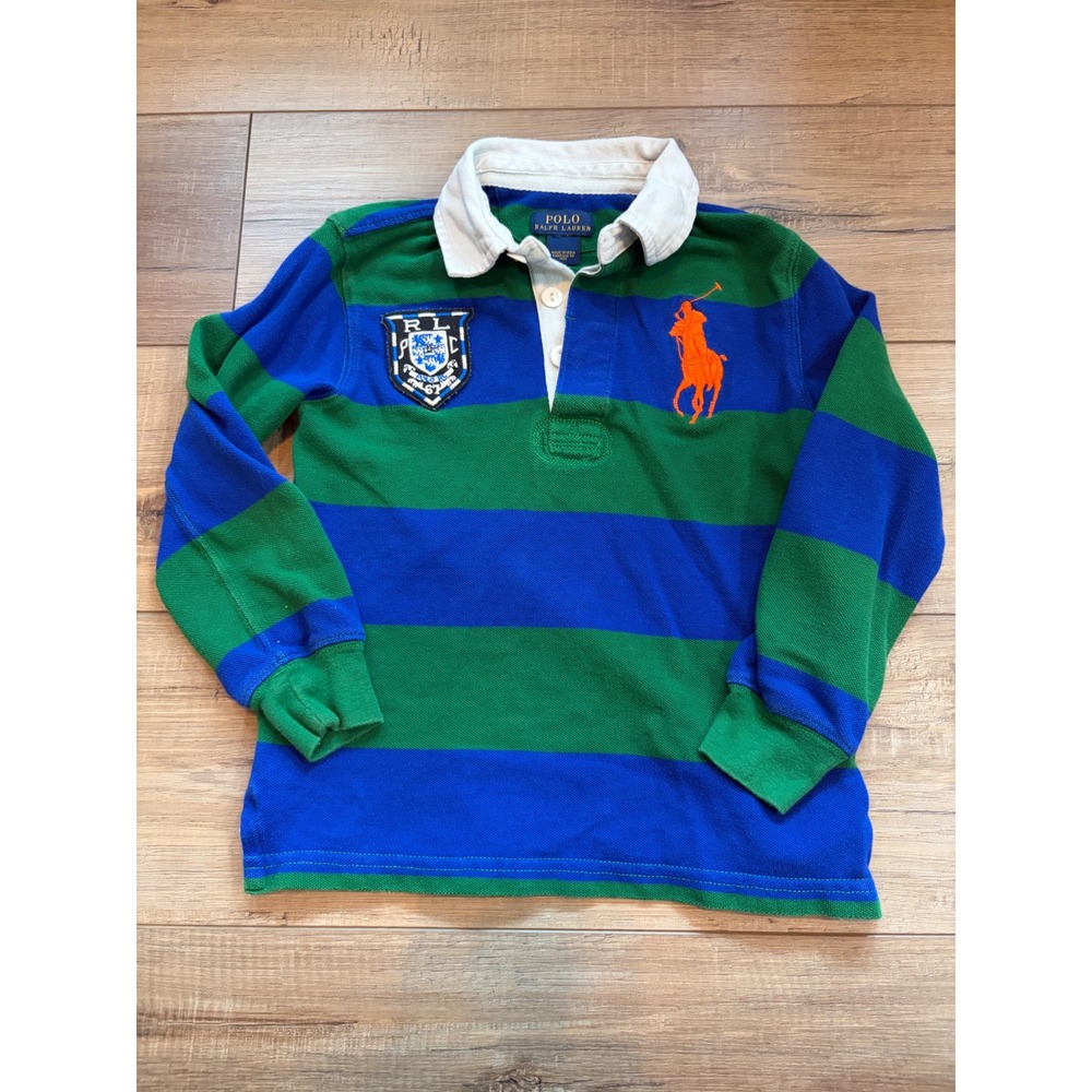 Polo Ralph Lauren Kids Green Blue Striped Big Pony Rugby Shirt Crest